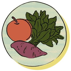 An apple, sweet potato and dark leafy greens.