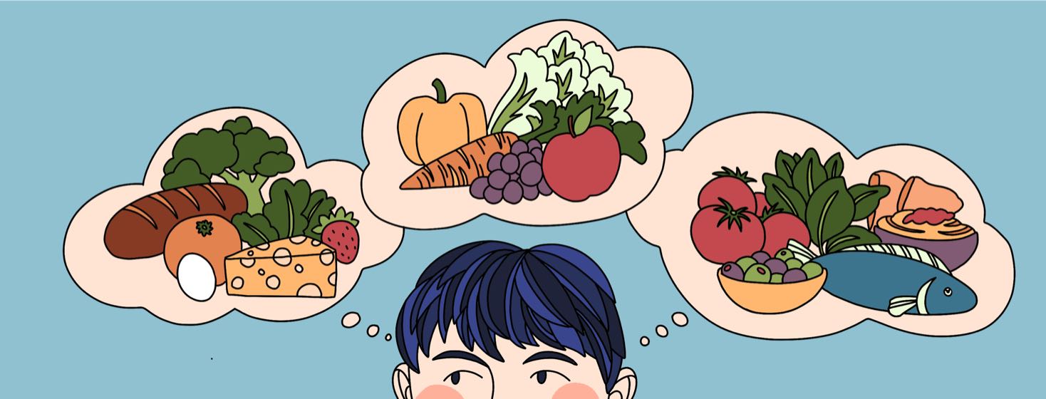 A man looks up at thought bubbles above his head showing different foods that are part of diabetes-friendly nutrition plans.