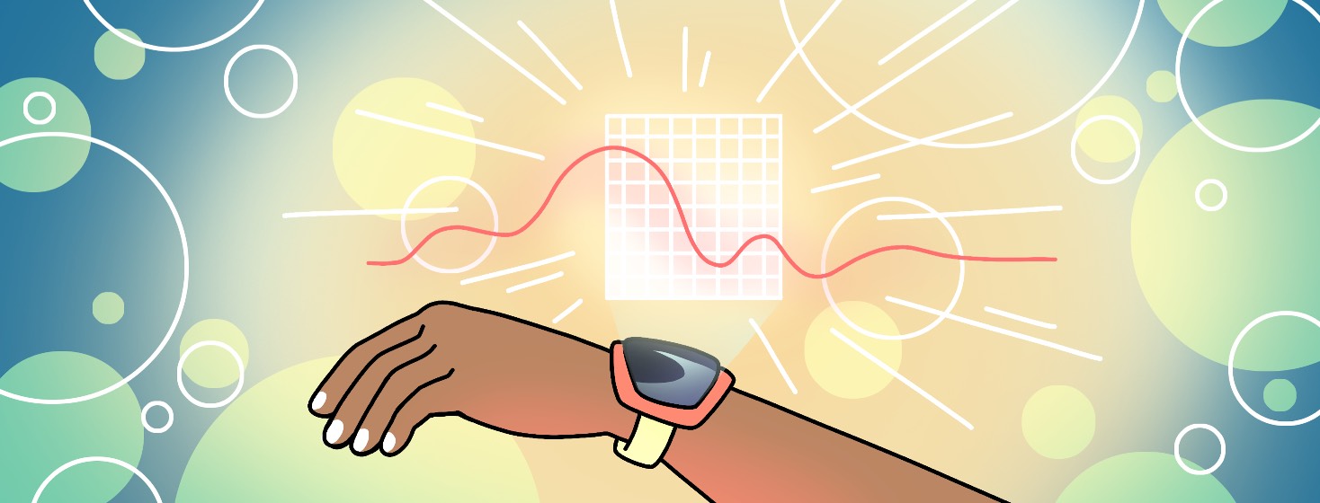 A hand with a smartwatch shows a floating screen with a chart showing blood glucose levels.