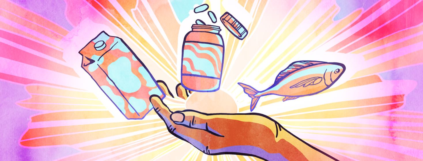 A hand holds a sun with a carton of milk, vitamin D supplements, and fish floating around it.