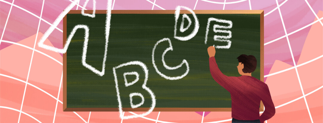A man writes the letters A, B, C, D, E on a chalk board.