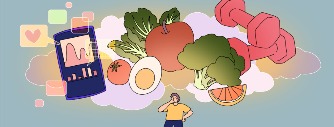 A man looks up at the clouds above him, which show a floating phone with a blood glucose chart, various healthy vegetables, and a set of dumbbells.