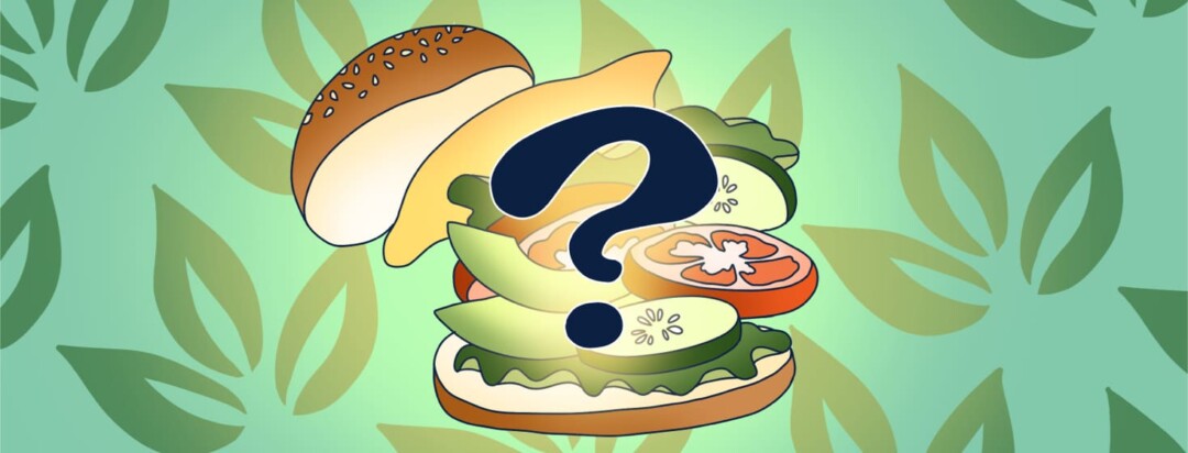 A burger bun with cheese and vegetable slices with a large question mark in front of it.