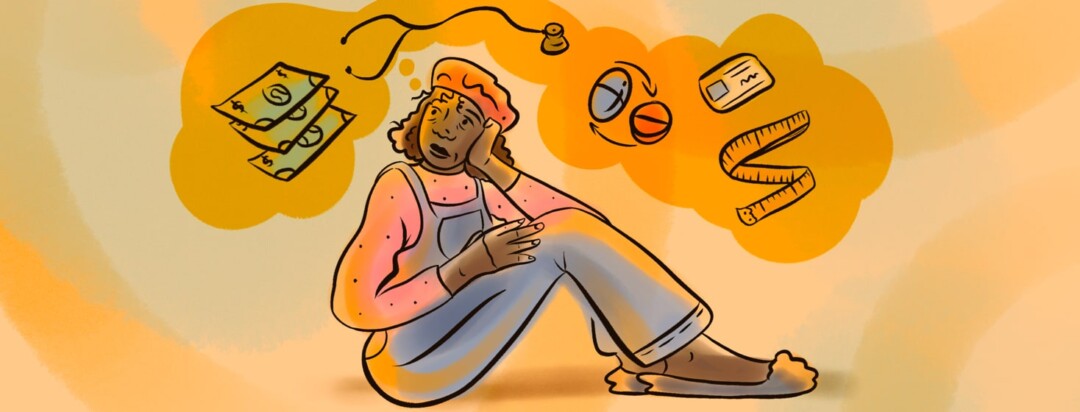 Woman in overalls stares up at thought bubble with money, a stethoscope, medication, insurance card, and measuring tape.