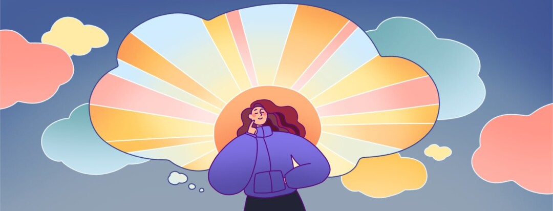 A woman stands smiling with her eyes closed as a thought bubble behind her shows a sunrise.