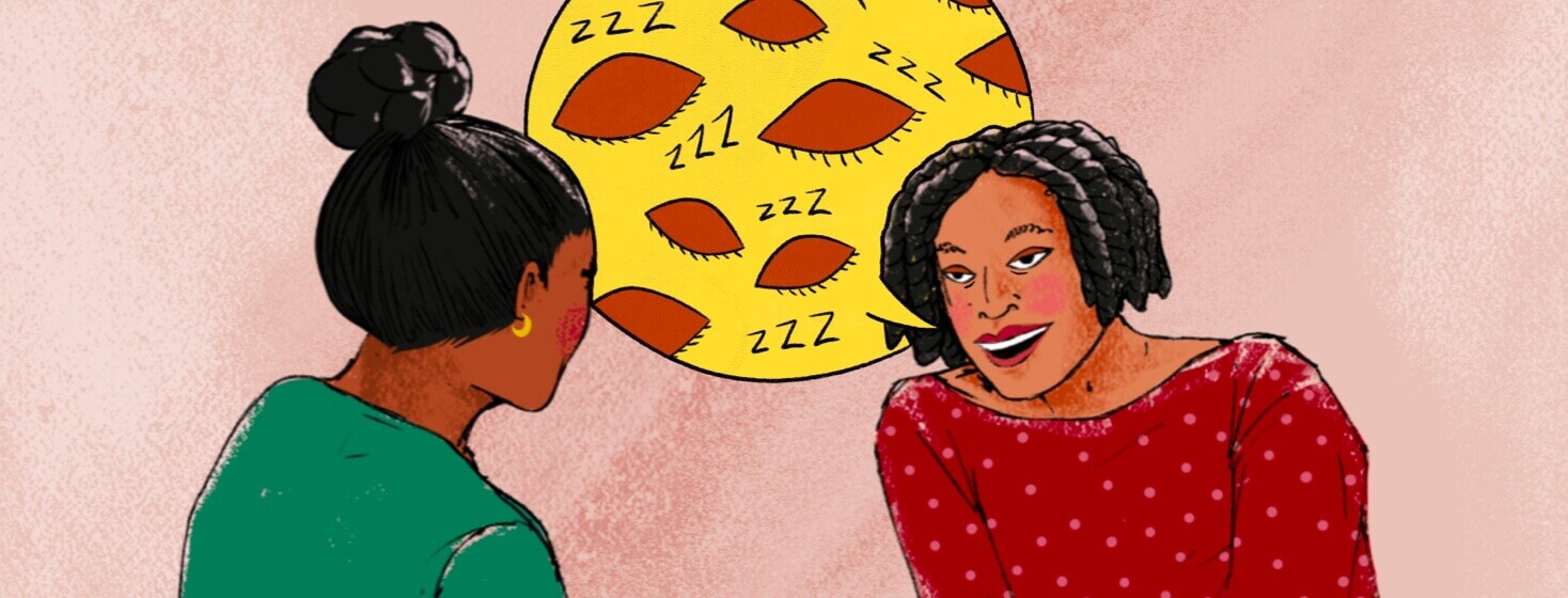 Two women having a conversation about being tired