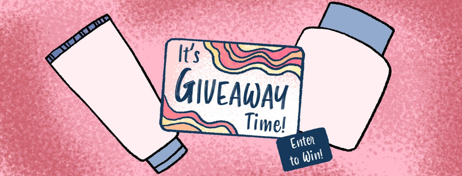 A card reading "It's giveaway time!" is surrounded by skin cream bottles