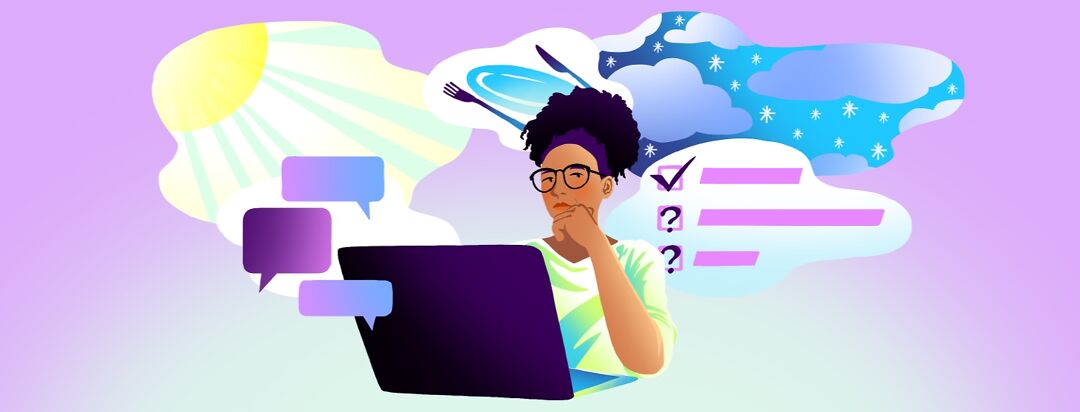 A woman with a laptop looks up with a thoughtful expression at thought bubbles containing symbols related to weather, text messages, and checklists