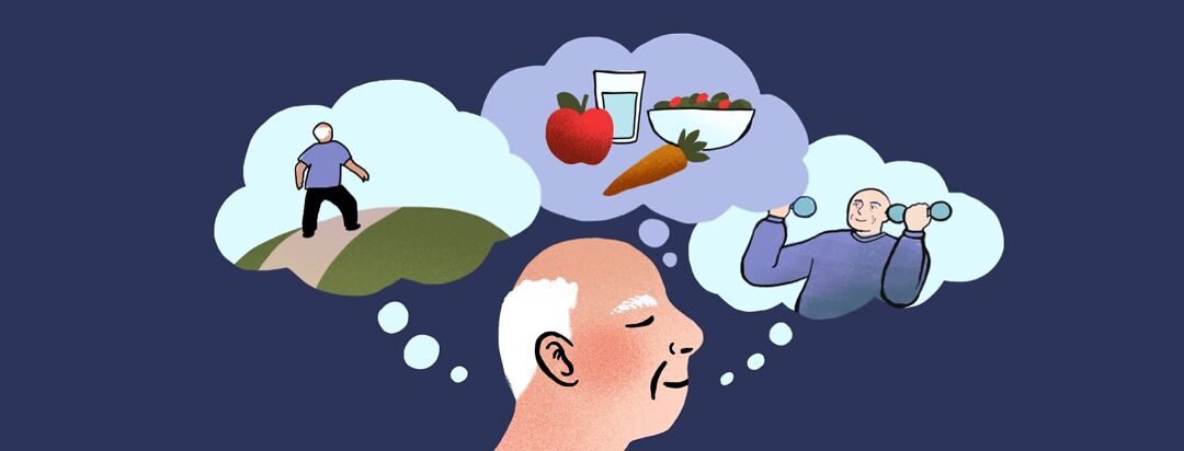 A man with his eyes closed has three thought bubbles above his head. On the left is of him walking outdoors, The middle is choosing healthy foods, and lifting small weights on the right