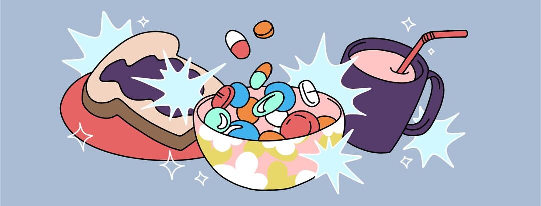 A colorful bowl full of gummies and pills next to a drink in a mug and a piece of toast with jam on a plate. Food, medication, routine, vitamin