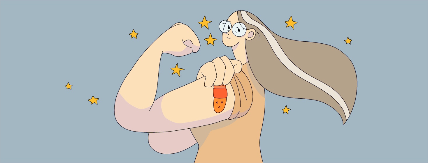 A senior woman posed like rosie the riveter shows off a bandaid